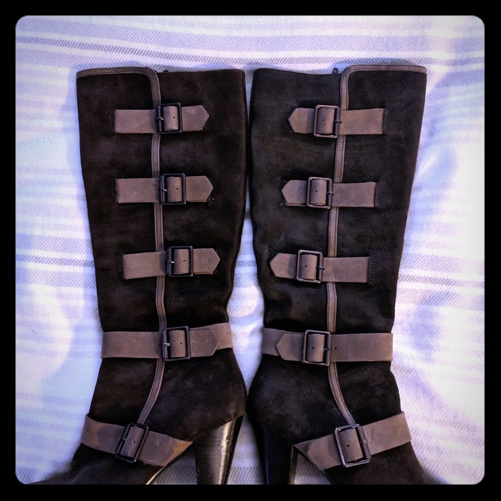Brown suede and buckle soffit high heel boots